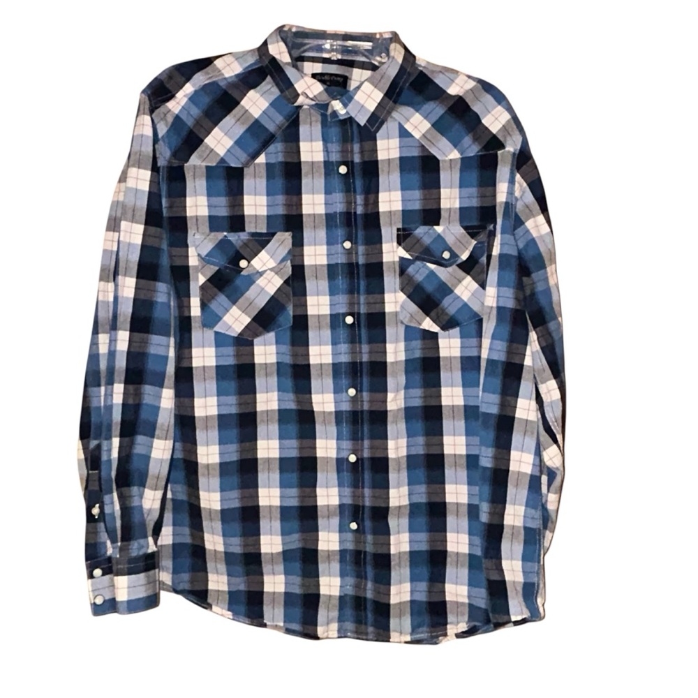 Double Pump Mens Western Pearl Snap‎ Shirt Blue Plaid Cowboy Cotton Size XL